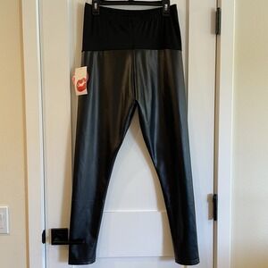 Hot Kiss Black PU Faux Leather Leggings High Waist Maternity Large L Stretch NWT